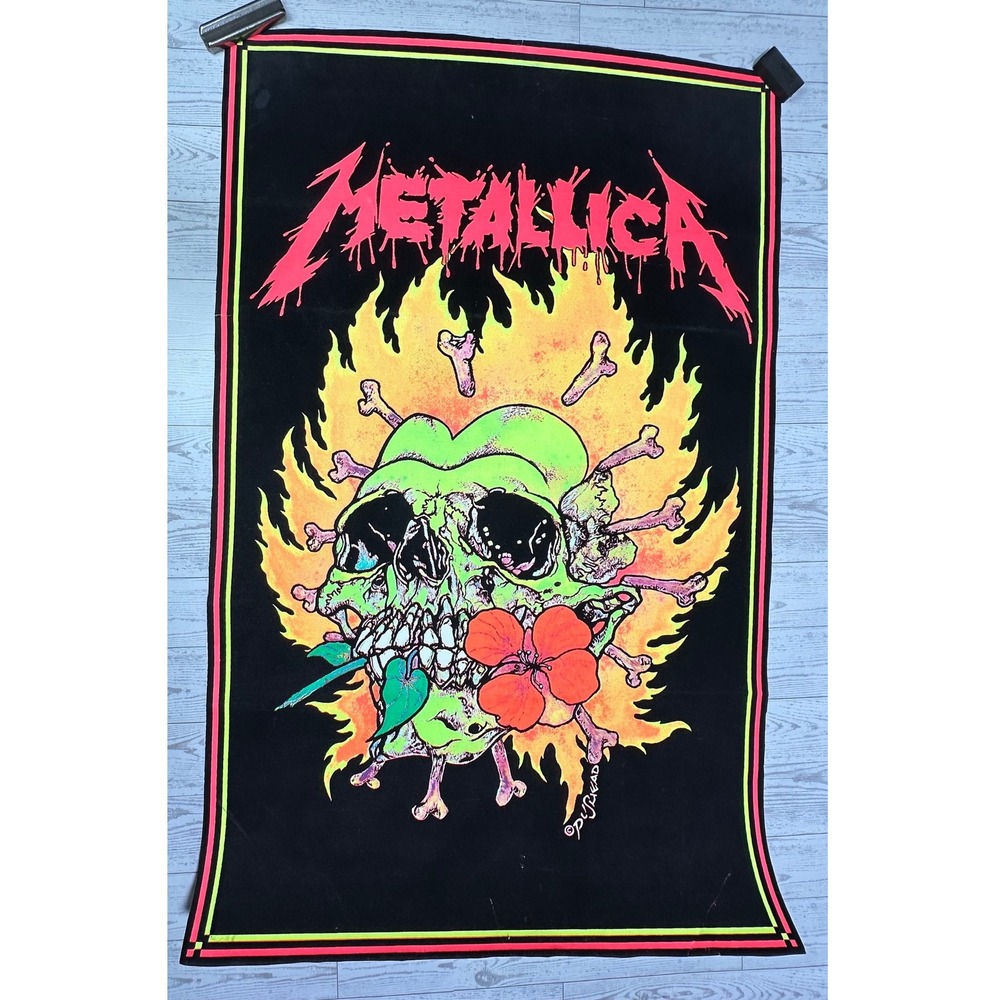Metallica Pushead Burning Flowers 1995 Blacklight Poster Flocked 35x23 Rare